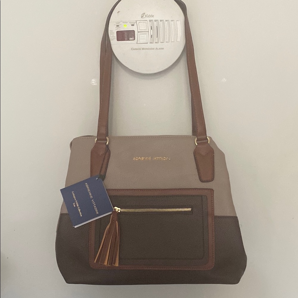 Brown and Tan Structured Shoulder Bag with Tassel Detail